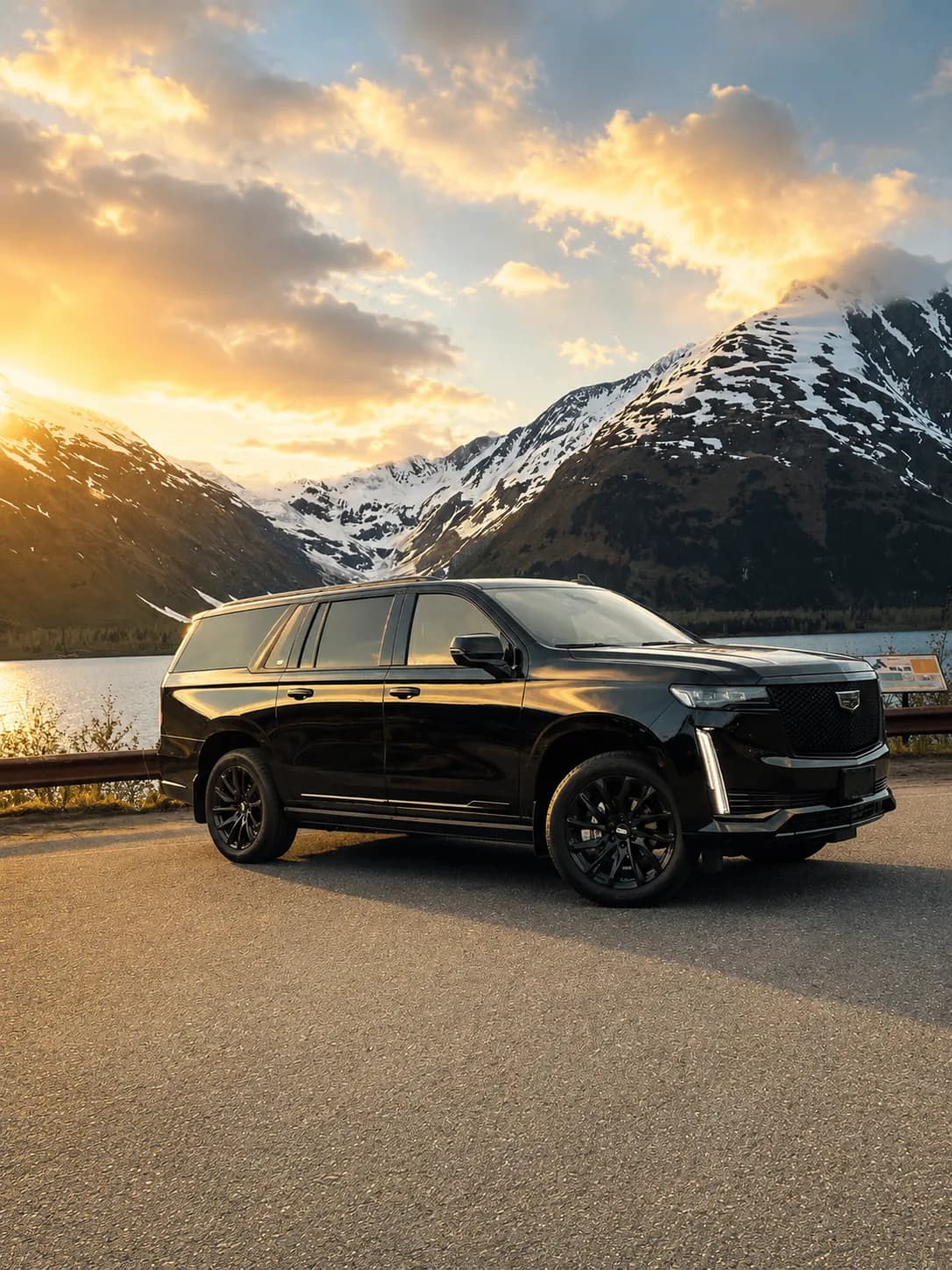 Cadillac Escalade at golden hour beside a glacier-fed lake, Alaska