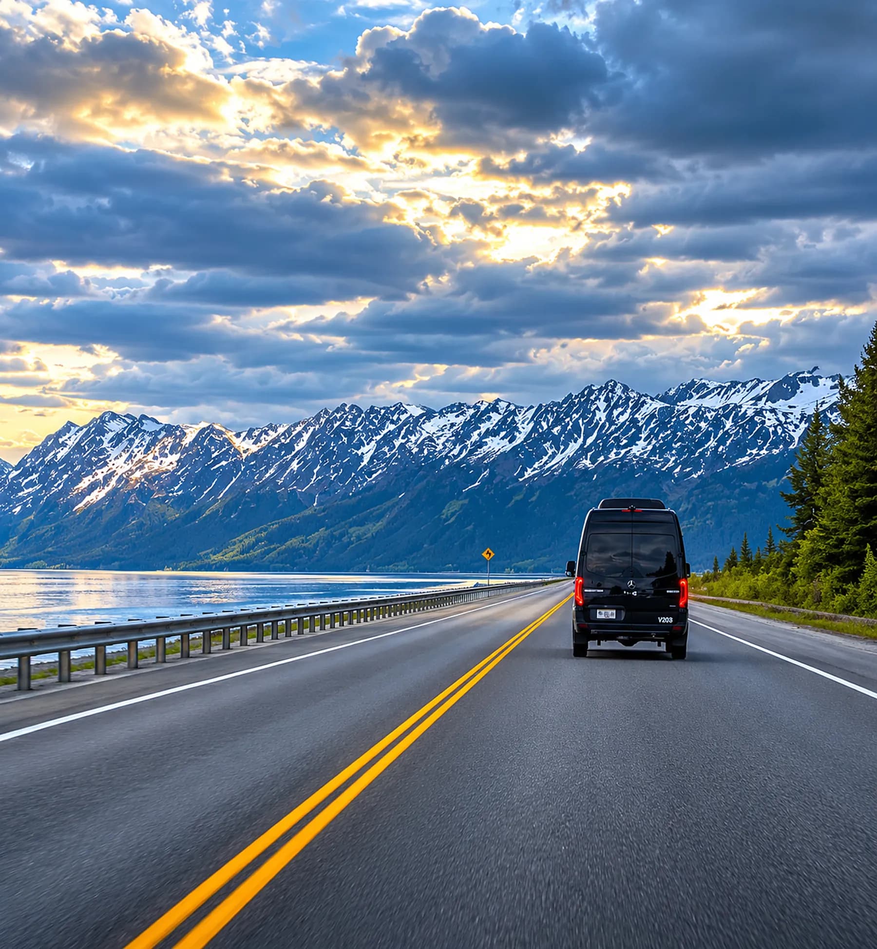 Black Mercedes-Benz Sprinter Van on the Seward Highway along Turnagain Arm at sunset, snow-capped mountains ahead, Alaska