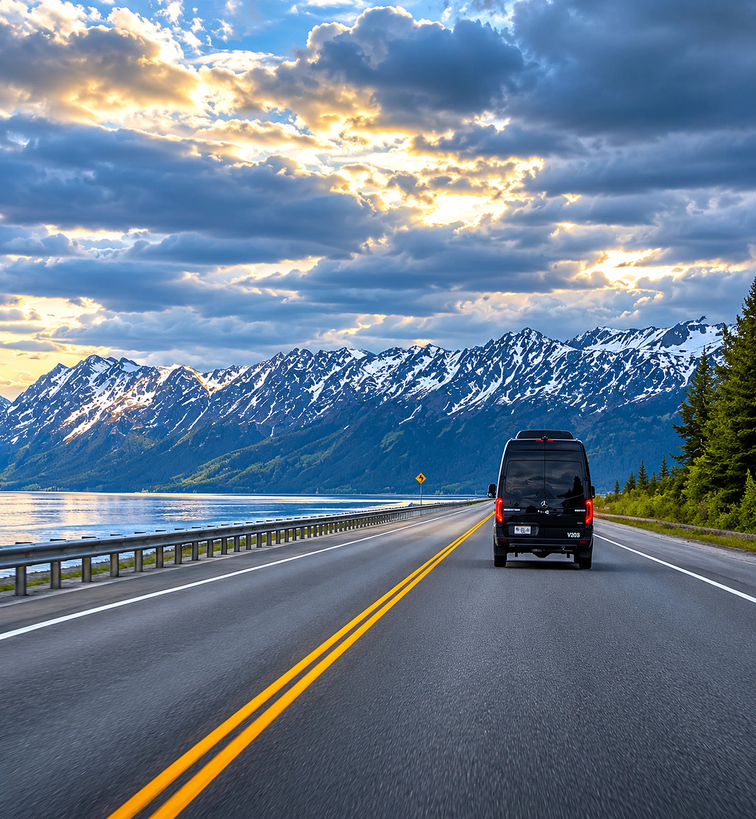 Black Mercedes-Benz Sprinter Van on the Seward Highway along Turnagain Arm at sunset, snow-capped mountains ahead, Alaska